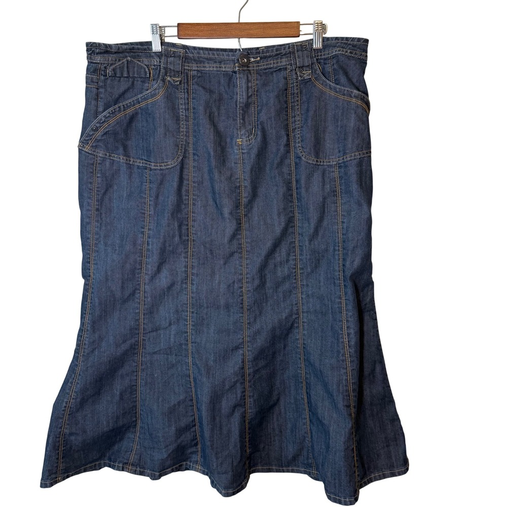 Ashley Stewart Womens Cotton Denim Skirt 22W Blue Paneled Midi Pocket Western
